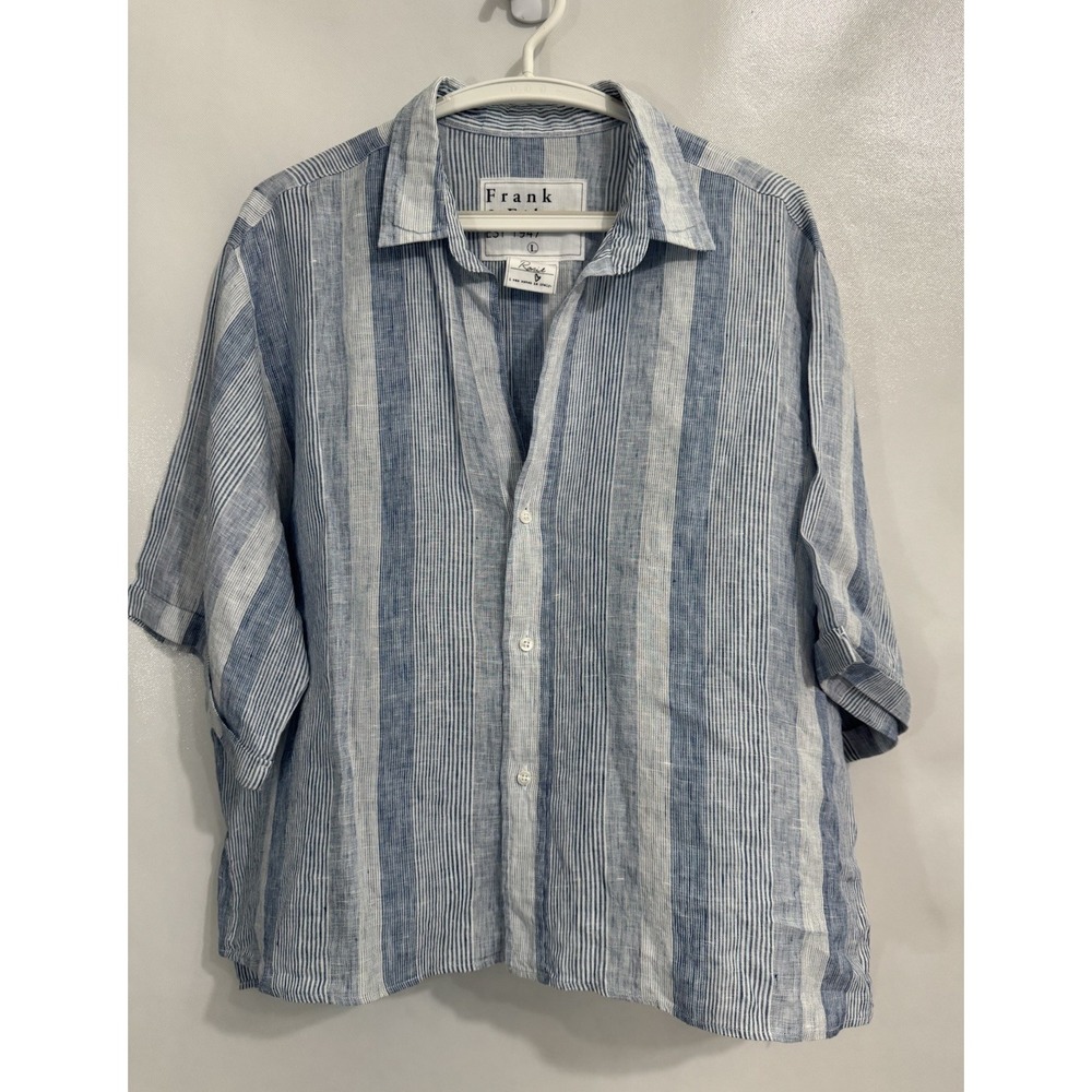 Frank & Eileen Large Rosie Italian Linen Button Shirt Blue White Stripe Women's